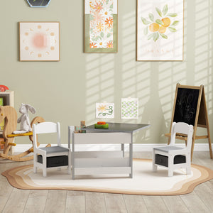 Ensemble table et chaises 3 pièces avec plateau réversible, tableau noir et panier noir