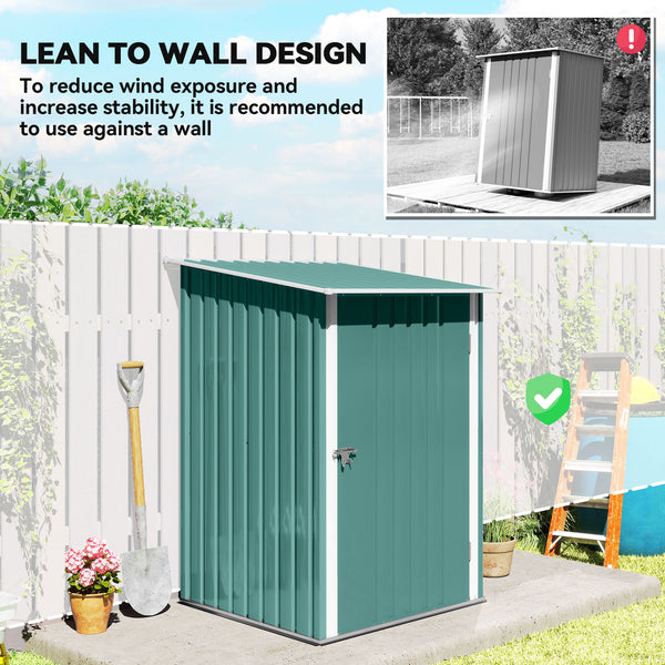 Lean-to garden shed in galvanized steel with lockable door, green