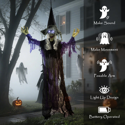 Sorcière animée grandeur nature à suspendre pour Halloween avec yeux LED lumineux,