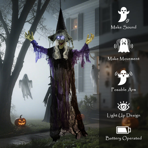 Sorcière animée grandeur nature à suspendre pour Halloween avec yeux LED lumineux,