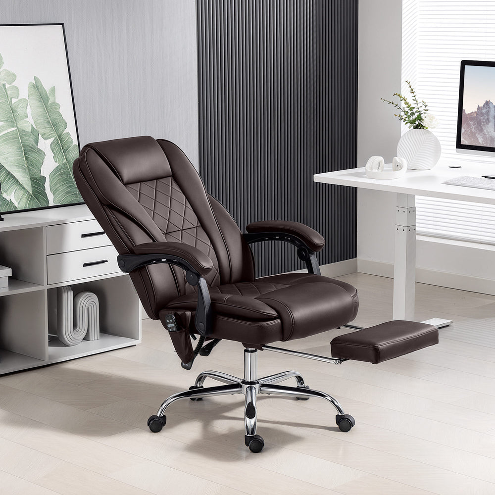 Fauteuil de bureau massant inclinable avec hauteur réglable et repose-pieds, marron foncé