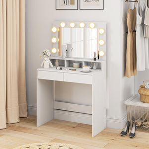 Coiffeuse avec miroir à éclairage LED, station de charge et tiroirs, blanche