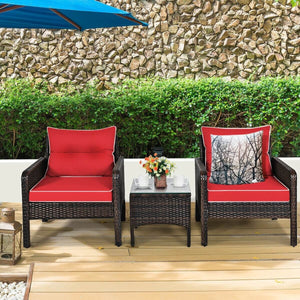 3-Piece Outdoor Patio Rattan Conversation Set with Seat Cushions - Red