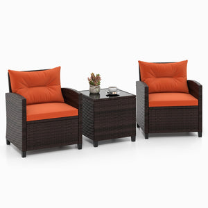 Ensemble de conversation de patio en rotin rembourré 3 pièces avec table basse - Orange