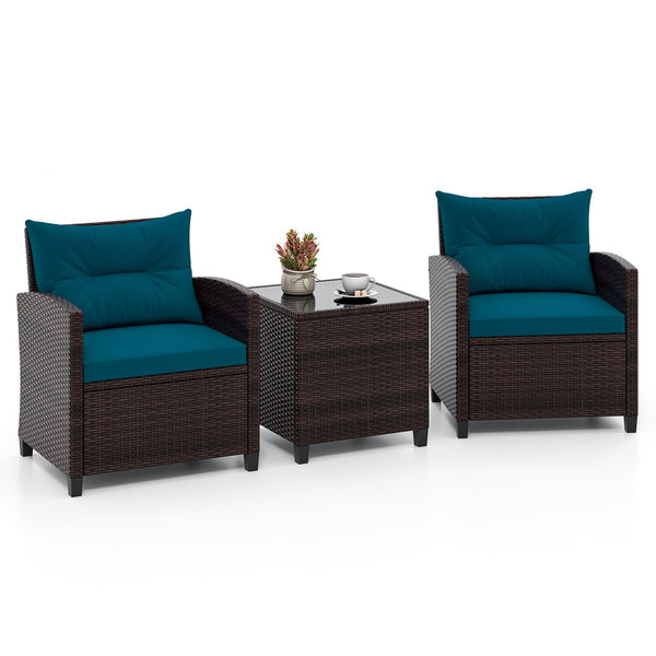 Ensemble de conversation de patio en rotin rembourré 3 pièces avec table basse - Peacock Blue
