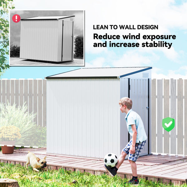 Lean-to metal garden shed with lockable door and ventilation, white