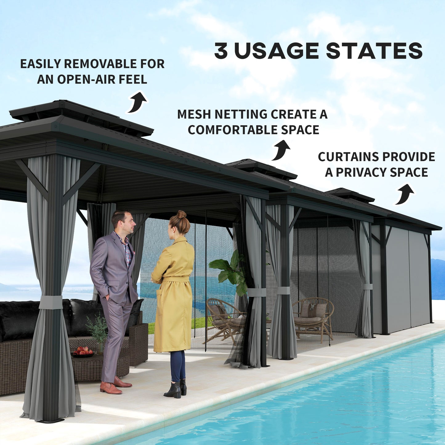 Gazebo 10' x 12' à toit rigide métallique à deux niveaux, moustiquaire et crochet de suspension, gris clair