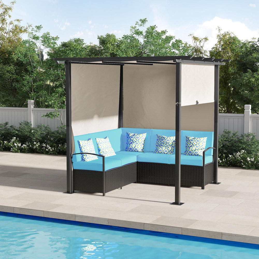 Ensemble de canapés et fauteuils en rotin tressé avec pergola rétractable, turquoise