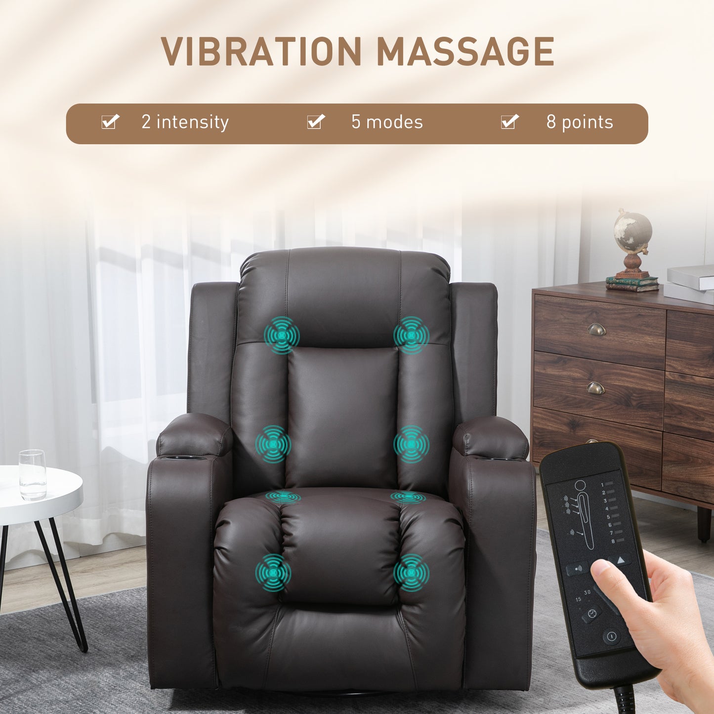 Fauteuil inclinable pivotant à 360° en cuir avec vibrations et porte-gobelets pour salon, marron