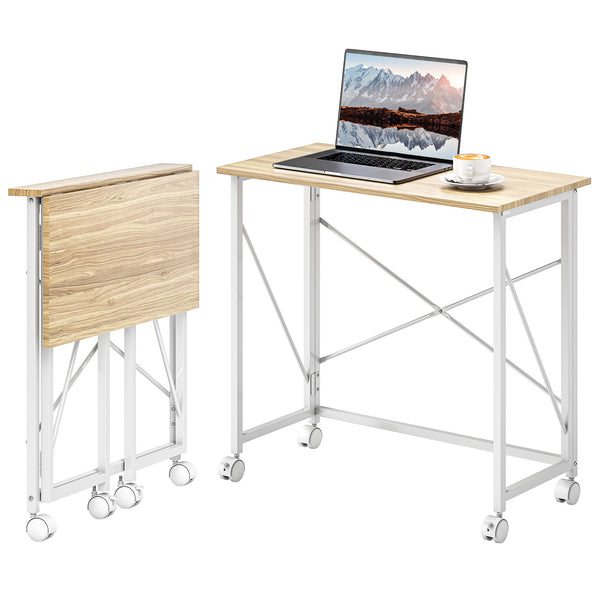 Bureau pliable compact sur roulettes pour petits espaces – Effet chêne et blanc
