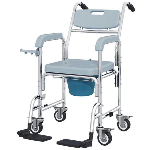 Chaise d'aisance et de douche multifonctionnelle 4-en-1 avec roulettes et repose-pieds – Gris et argent