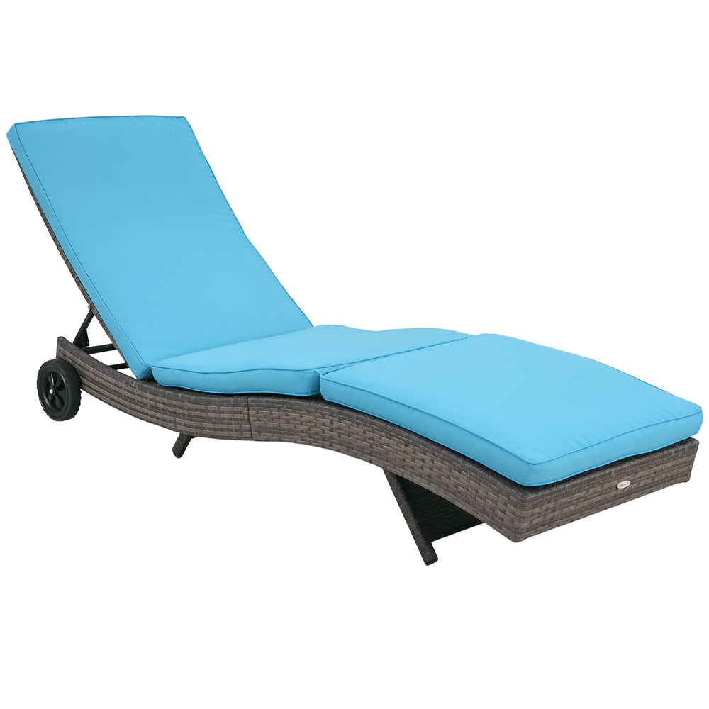 Outdoor Adjustable Wicker Chaise Lounge Chair with Cushion & Wheels for Patio, Deck, Poolside, Sky Blue