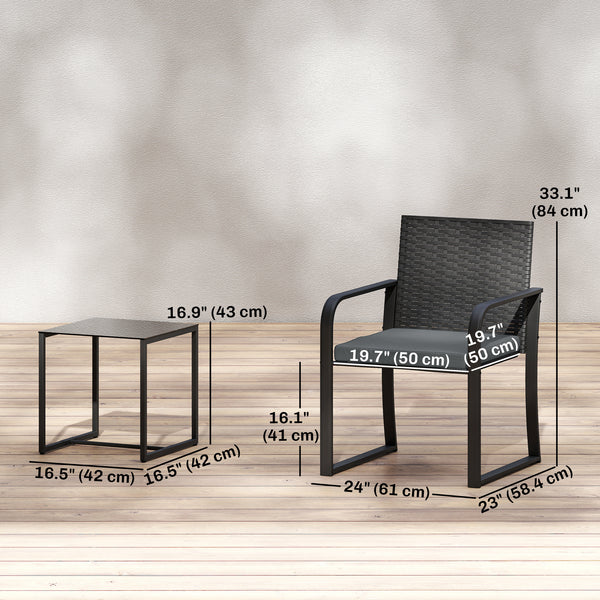 Ensemble bistro d'extérieur 3 pièces en résine tressée avec assise en maille, table en verre et coussins, gris