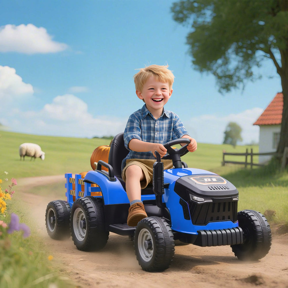 Tracteur 12 V bleu avec remorque, télécommande, musique, lumières, levier de vitesse