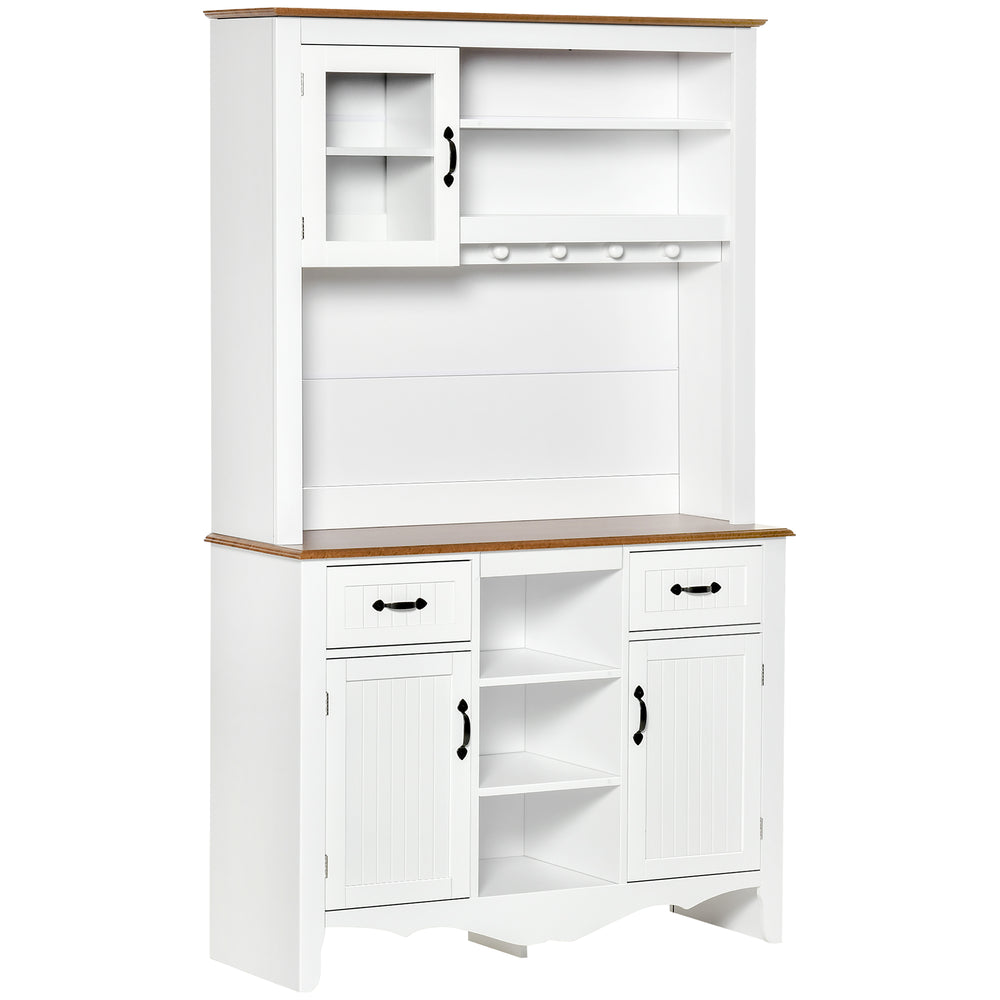 Buffet de cuisine style campagnard avec tiroir utilitaire et étagères 5 niveaux, blanc