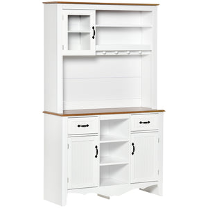 Buffet de cuisine style campagnard avec tiroir utilitaire et étagères 5 niveaux, blanc