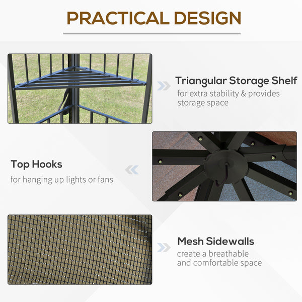 Gazebo 10 x 10 avec toit souple à double pente, rideaux en maille, couleur café