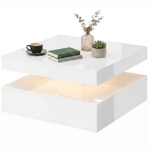 Table basse LED avec rangement à 2 niveaux avec étagère ouverte et télécommande pour salon, blanc brillant