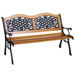 Two-seater outdoor garden bench, wooden and metal frame with a backrest adorned with plastic patterns, natural wood