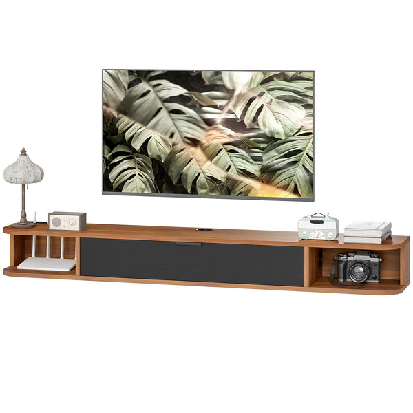 Floating wall-mounted TV unit for TVs up to 60 inches, with a drop-down drawer and 2 open shelves, walnut finish.