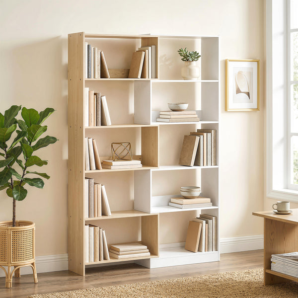 Bibliothèque en L à 5 niveaux avec rotation à 350°, design bicolore, bois fruitier/blanc