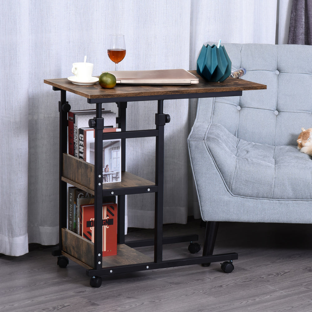 Bureau debout mobile à hauteur réglable avec roulettes, marron rustique
