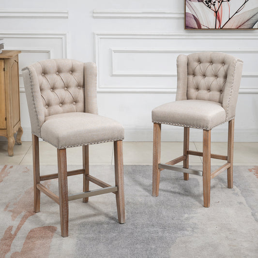 Lot de 2 tabourets de bar, rembourrés avec dossier clouté et repose-pieds, beige