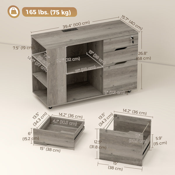 Filing Cabinet with Power Outlets File Cabinet Lockable Casters File Drawer Side Cubbies Light Grey Brown
