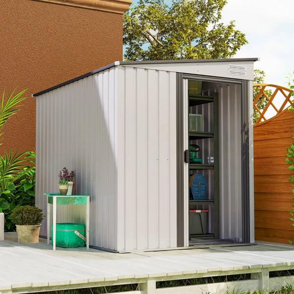 Abri de jardin adossé en métal avec fondation, porte coulissante et 2 aérations, blanc
