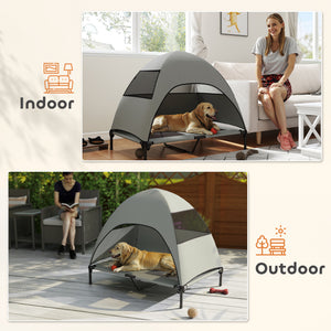 Elevated bed with canopy, steel frame and washable mesh, light gray