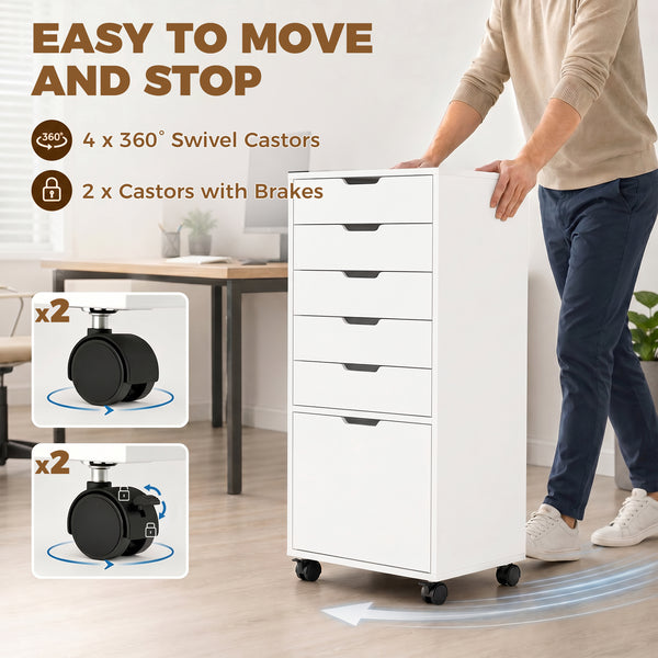 Mobile Printer Stand with 6 Drawers on Wheels for Home Office, White