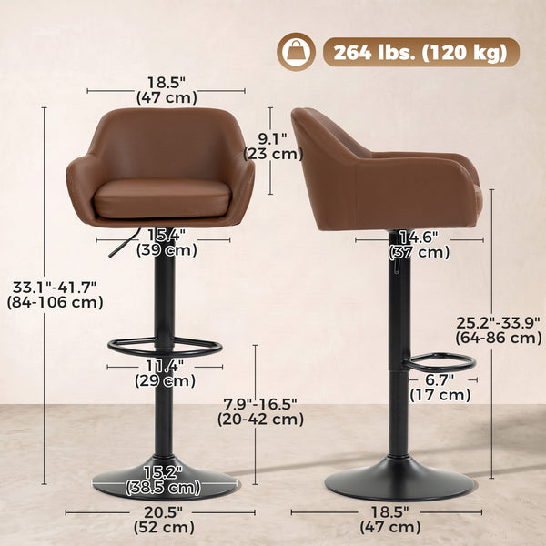 Tabourets de bar en similicuir, réglables et pivotants, avec dossier, lot de 2, marron