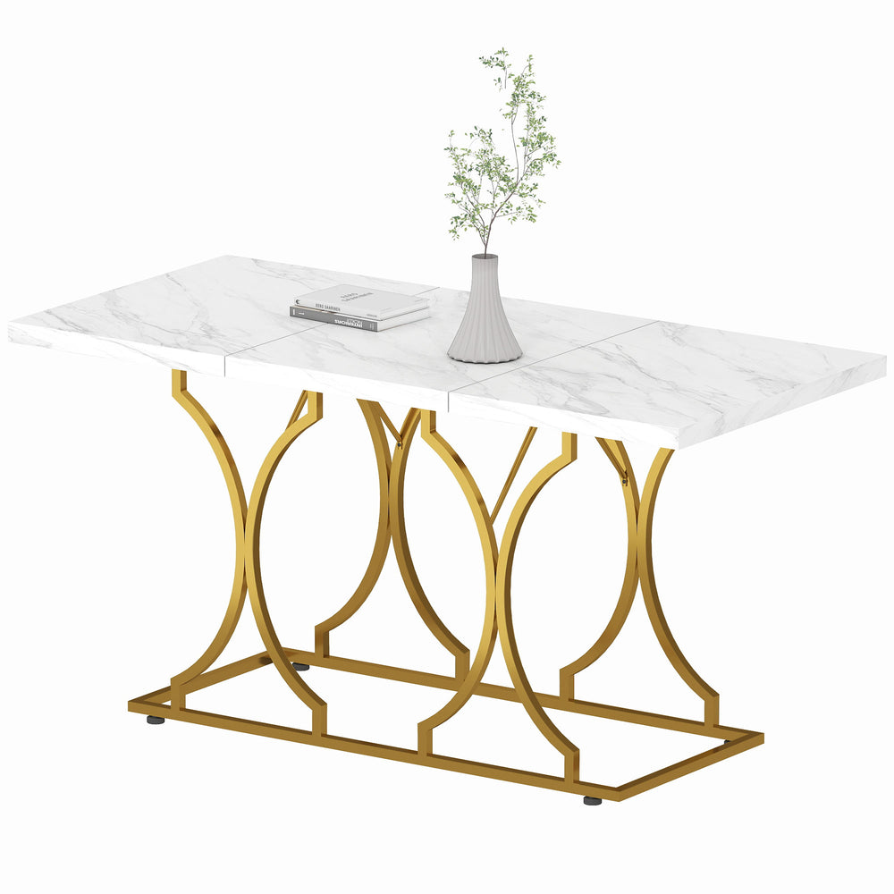 Table à manger pour 6 personnes, table de cuisine moderne à motif marbre avec piédestal en métal, blanche