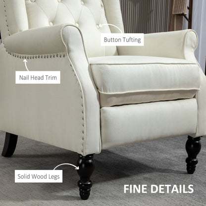 Fauteuil inclinable avec repose-pieds, capitonné et accoudoirs roulés pour salon, blanc crème