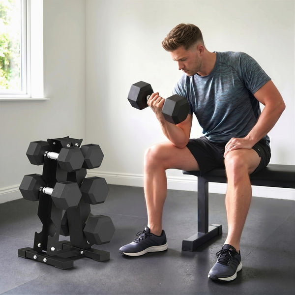Ensemble de 6 haltères hexagonaux avec support en A, 15 à 25 lb – Noir