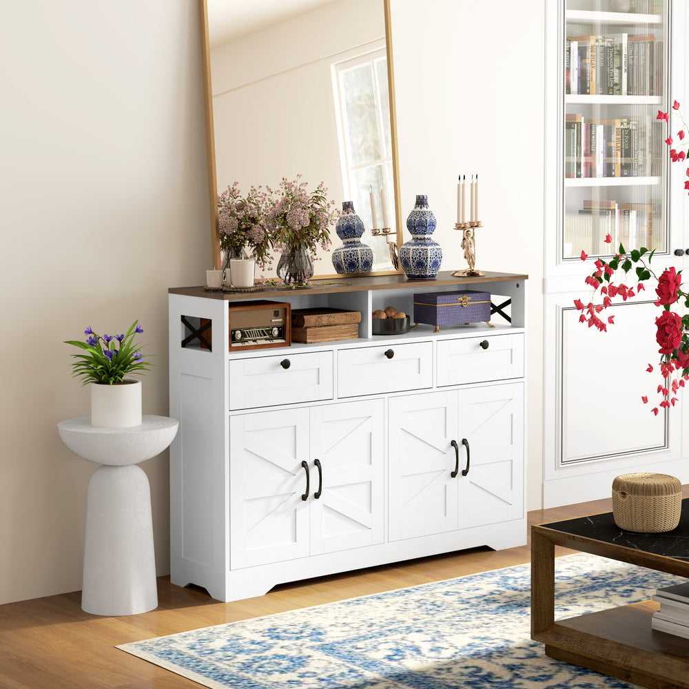 Meuble buffet avec 4 portes, 3 tiroirs avec étagères réglables, blanc
