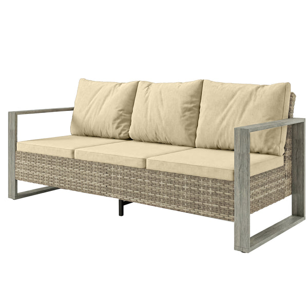 3Canapé d'extérieur 3 places en résine tressée PE avec assise profonde, accoudoirs en aluminium imitation bois, coussins, kaki