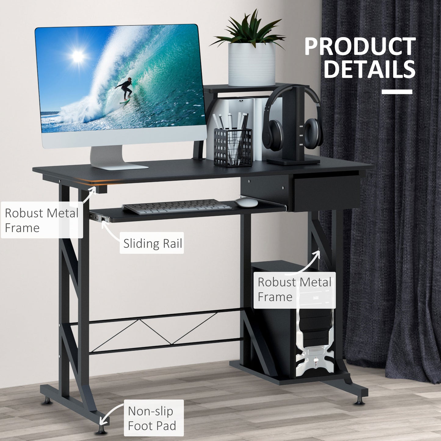 Bureau d'ordinateur avec plateau pour clavier et tiroir, noir