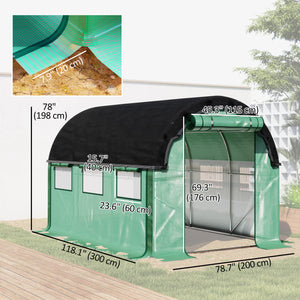Heated tunnel greenhouse for plants with shade netting and roll-up mesh side walls