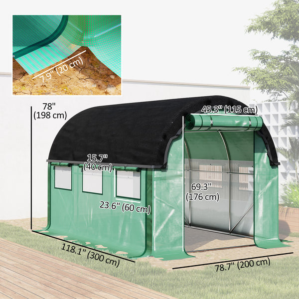 Heated tunnel greenhouse for plants with shade netting and roll-up mesh side walls