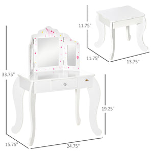 Ensemble coiffeuse avec miroirs pliables, tiroir à motifs étoiles et cœurs, blanc