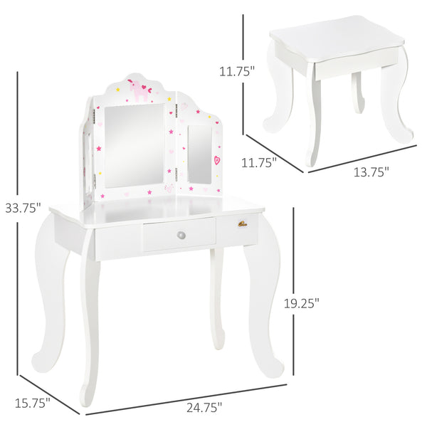 Ensemble coiffeuse avec miroirs pliables, tiroir à motifs étoiles et cœurs, blanc