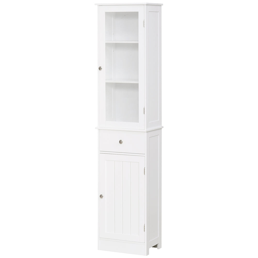 Armoire de salle de bain haute avec tiroirs, 2 portes et étagères réglables, blanche
