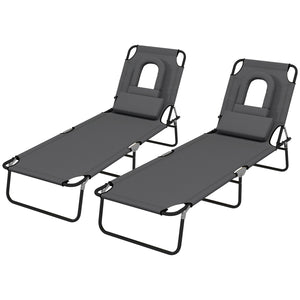 Lot de 2 chaises longues d'extérieur réglables avec trou pour le visage, siège inclinable pour bronzage, gris