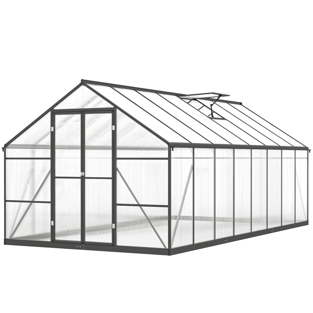 Ground-floor greenhouse with two skylights, gutter and hinged door, dark grey