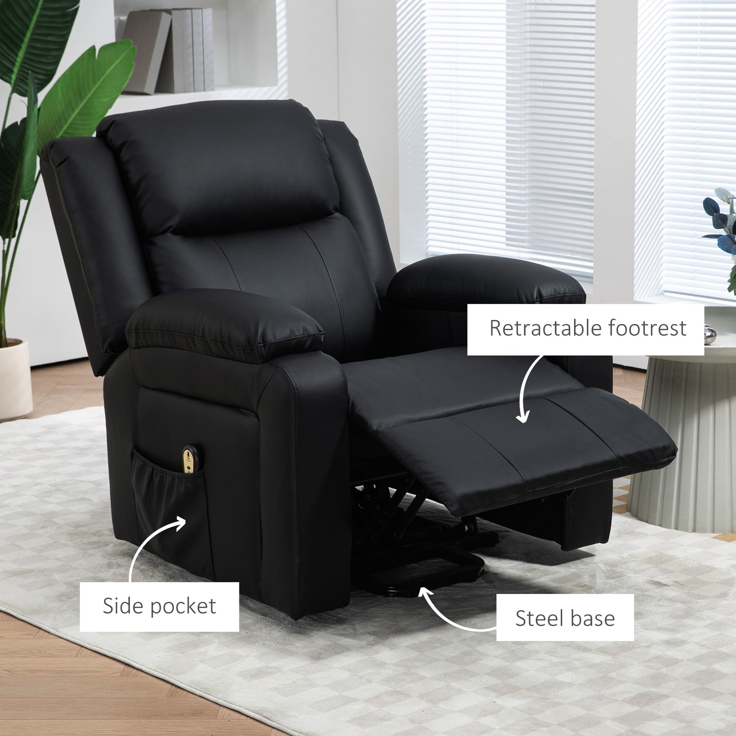 Fauteuil releveur inclinable électrique en cuir synthétique avec télécommande, poches latérales, montage rapide, noir