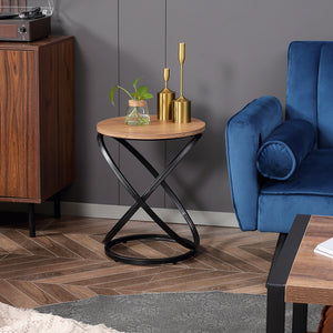 Table d'appoint industrielle avec plateau rond, cadre en acier, marron clair