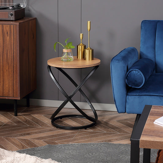 Table d'appoint industrielle avec plateau rond, cadre en acier, marron clair