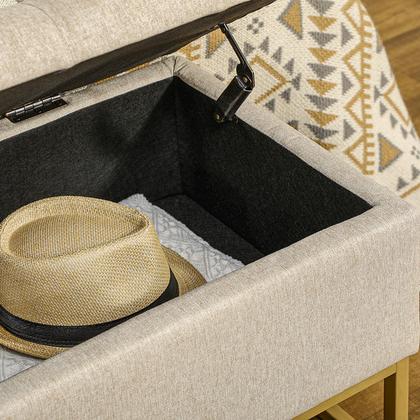 Pouf de rangement avec plateau rabattable rembourré, beige