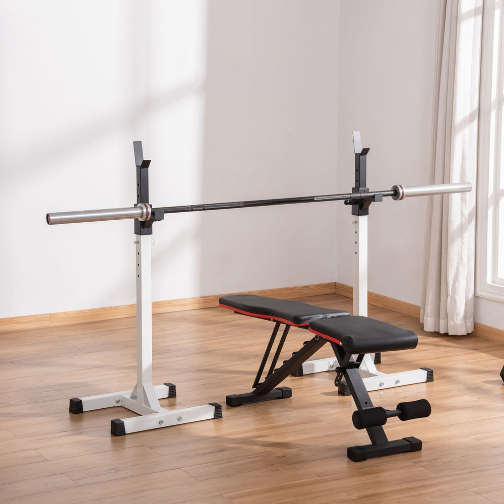 Support de barre d'haltères réglable pour squats et musculation avec 2 barres, noir et blanc